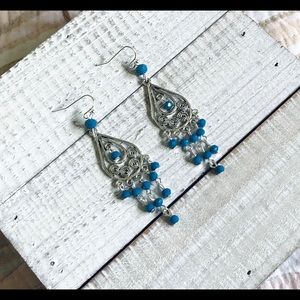 Lake Blue Teardrop Chandelier Silver Earrings NWT